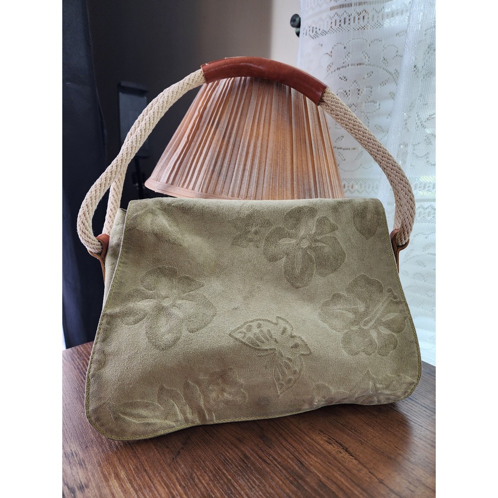 Claudia Firenze Italy Sage Green Suede Embossed Floral Butterfly Rope Handle Bag